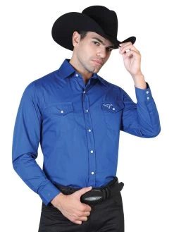 Camisa Vaquera Bordada Manga Larga Azul Cobalto Para Hombre 'El General' - ID: 42522