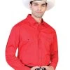 Camisa Vaquera Bordada Manga Larga Rojo Para Hombre 'El General' - ID: 42523