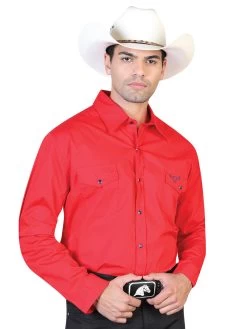Camisa Vaquera Bordada Manga Larga Rojo Para Hombre 'El General' - ID: 42523