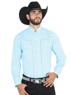 Camisa Vaquera Charra Manga Larga Azul Claro Para Hombre 'El Señor De Los Cielos' - ID: 42531
