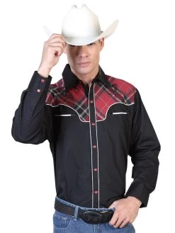 Camisa Vaquera Manga Larga Con Adorno Cuadros Negro Para Hombre 'El Señor De Los Cielos' - ID: 42536