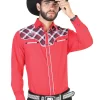 Camisa Vaquera Manga Larga Con Adorno Cuadros Rojo Para Hombre 'El Señor De Los Cielos' - ID: 42537