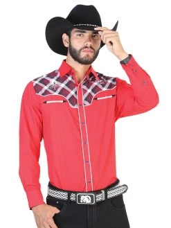 Camisa Vaquera Manga Larga Con Adorno Cuadros Rojo Para Hombre 'El Señor De Los Cielos' - ID: 42537