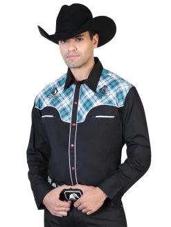 Camisa Vaquera Manga Larga Con Adorno Cuadros Negro Para Hombre 'El Señor De Los Cielos' - ID: 42539