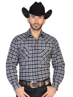Camisa Vaquera Manga Larga De Bolsillos Estampada Cuadros Negro/Blanco Para Hombre 'El Señor De Los Cielos' - ID: 42563