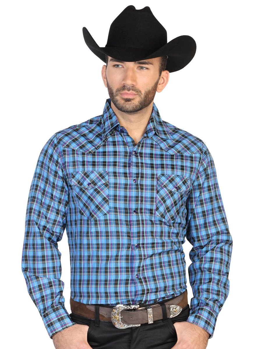 Camisa Vaquera Manga Larga De Bolsillos Estampada Cuadros Azul/Negro Para Hombre 'El Señor De Los Cielos' - ID: 42568