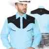 Camisa Vaquera Charra Bordada Manga Larga Azul Claro Para Hombre 'El Señor De Los Cielos' - ID: 42573