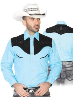 Camisa Vaquera Charra Bordada Manga Larga Azul Claro Para Hombre 'El Señor De Los Cielos' - ID: 42573