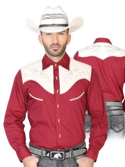 Camisa Vaquera Charra Bordada Manga Larga Burgandy Para Hombre 'El Señor De Los Cielos' - ID: 42574