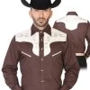 Camisa Vaquera Charra Bordada Manga Larga Cafe Para Hombre 'El Señor De Los Cielos' - ID: 42577