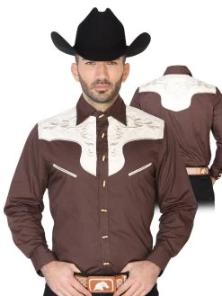Camisa Vaquera Charra Bordada Manga Larga Cafe Para Hombre 'El Señor De Los Cielos' - ID: 42577
