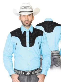 Camisa Vaquera Charra Bordada Manga Larga Azul Claro Para Hombre 'El Señor De Los Cielos' - ID: 42585