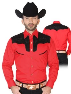 Camisa Vaquera Charra Bordada Manga Larga Rojo Para Hombre 'El Señor De Los Cielos' - ID: 42588