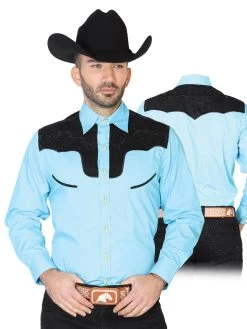 Camisa Vaquera Charra Bordada Manga Larga Azul Claro Para Hombre 'El Señor De Los Cielos' - ID: 42591