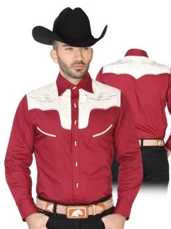 Camisa Vaquera Charra Bordada Manga Larga Burgandy Para Hombre 'El Señor De Los Cielos' - ID: 42592