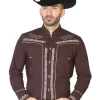 Camisa Vaquera Charra Bordada Manga Larga Cafe Para Hombre 'El Señor De Los Cielos' - ID: 42876