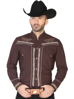 Camisa Vaquera Charra Bordada Manga Larga Cafe Para Hombre 'El Señor De Los Cielos' - ID: 42876