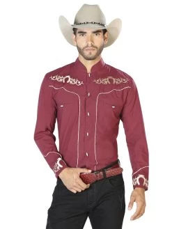 Camisa Vaquera Charra Bordada Manga Larga Burgandy Para Hombre 'El Señor De Los Cielos' - ID: 42880