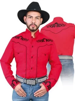 Camisa Vaquera Charra Manga Larga Rojo Para Hombre 'El Señor De Los Cielos' - ID: 42883