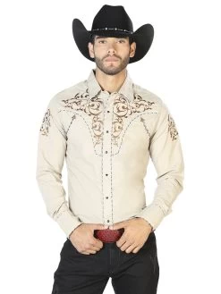 Camisa Vaquera Bordada Manga Larga Caqui Para Hombre 'El Señor De Los Cielos' - ID: 42884