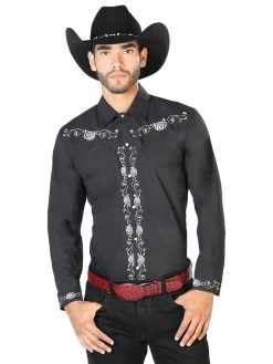 Camisa Vaquera Bordada Manga Larga Negro Para Hombre 'El Señor De Los Cielos' - ID: 42937