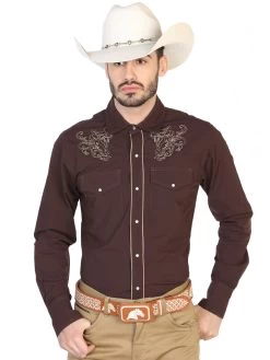 Camisa Vaquera Bordada Manga Larga Cafe Para Hombre 'El Señor De Los Cielos' - ID: 42953