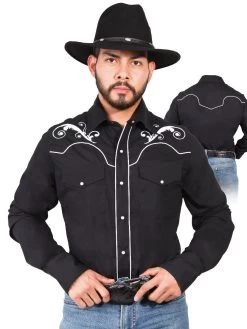 Camisa Vaquera Bordada Manga Larga Negro Para Hombre 'El Señor De Los Cielos' - ID: 42958