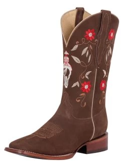 Botas Vaqueras Rodeo Con Tubo Bordado De Flores De Piel Nobuck Para Mujer 'El General' - ID: 42973