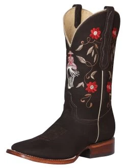 Botas Vaqueras Rodeo Con Tubo Bordado De Flores De Piel Nobuck Para Mujer 'El General' - ID: 42974