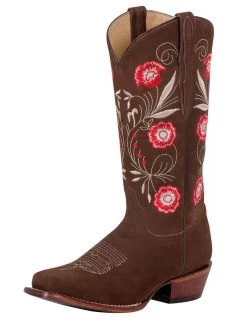 Botas Vaqueras Rodeo Con Tubo Bordado De Flores De Piel Nobuck Para Mujer 'El General' - ID: 42984