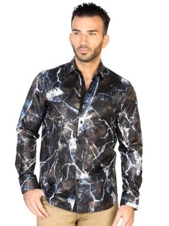 Camisa Casual Manga Larga Estampada Negro/Blanco Para Hombre 'El General' - ID: 43119