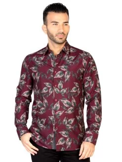 Camisa Casual Manga Larga Estampada Hojas Vino Para Hombre 'El General' - ID: 43128