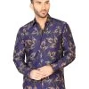Camisa Casual Manga Larga Estampada Hojas Azul Marino Para Hombre 'El General' - ID: 43129
