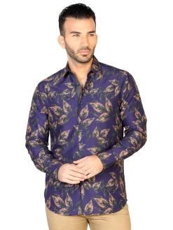 Camisa Casual Manga Larga Estampada Hojas Azul Marino Para Hombre 'El General' - ID: 43129