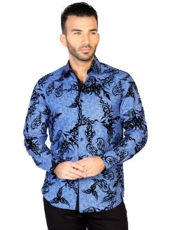 Camisa Casual Manga Larga Estampada Azul Para Hombre 'El General' - ID: 43136