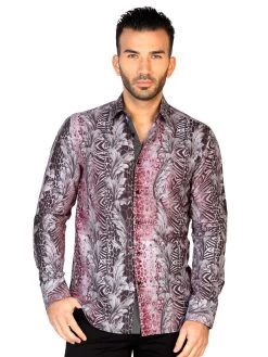 Camisa Casual Manga Larga Estampada Negro/Vino Para Hombre 'El General' - ID: 43143