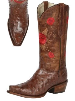 Botas Vaqueras Exoticas Retro Con Tubo Bordado De Flores De Avestruz Original Para Mujer 'El General' - ID: 43173