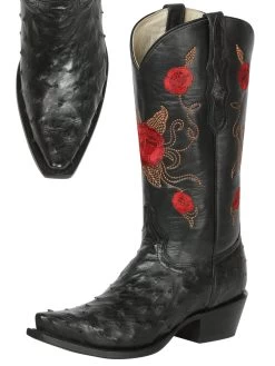 Botas Vaqueras Exoticas Retro Con Tubo Bordado De Flores De Avestruz Original Para Mujer 'El General' - ID: 43174