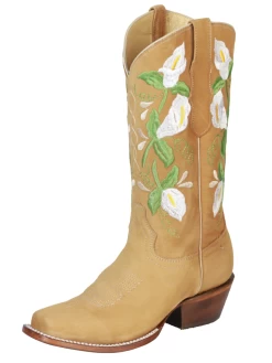 Botas Vaqueras Rodeo Con Tubo Bordado De Flores De Piel Nobuck Para Mujer 'Centenario' - ID: 43283