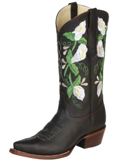 Botas Vaqueras Retro Con Tubo Bordado De Flores De Piel Genuina Para Mujer 'Centenario' - ID: 43287