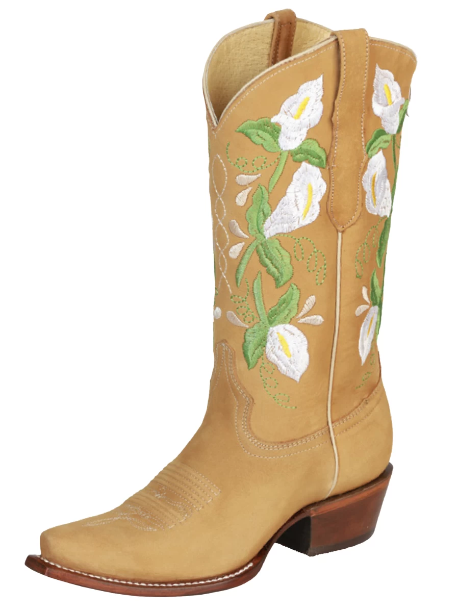 Botas Vaqueras Retro Con Tubo Bordado De Flores De Piel Nobuck Para Mujer 'Centenario' - ID: 43288