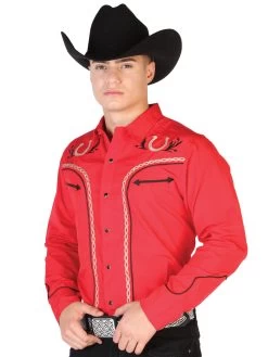 Camisa Vaquera Bordada Manga Larga Rojo Para Hombre 'El Señor De Los Cielos' - ID: 43294