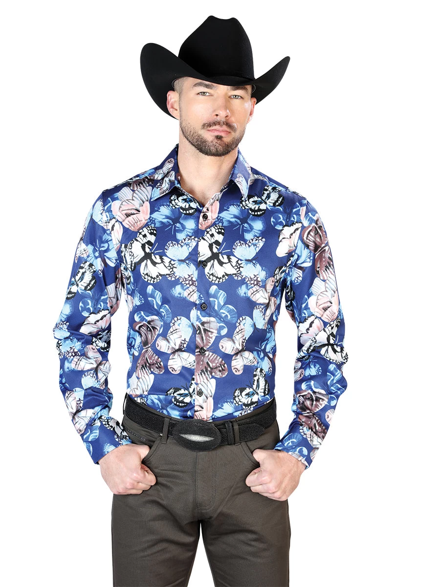 Camisa Vaquera Manga Larga Estampada Mariposas Azul Para Hombre 'El Señor De Los Cielos' - ID: 43674