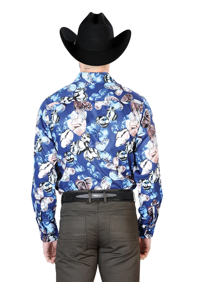 Camisa Vaquera Manga Larga Estampada Mariposas Azul Para Hombre 'El Señor De Los Cielos' - ID: 43674 - Imagen 2