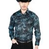 Camisa Vaquera Manga Larga Estampada Cachemir Negro/Agua Para Hombre 'El Señor De Los Cielos' - ID: 43680