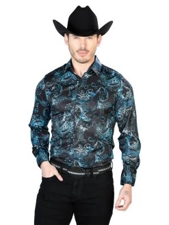 Camisa Vaquera Manga Larga Estampada Cachemir Negro/Agua Para Hombre 'El Señor De Los Cielos' - ID: 43680
