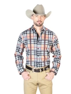 Camisa Vaquera Manga Larga Estampada Cuadros Cuadros Beige Para Hombre 'El Señor De Los Cielos' - ID: 43685