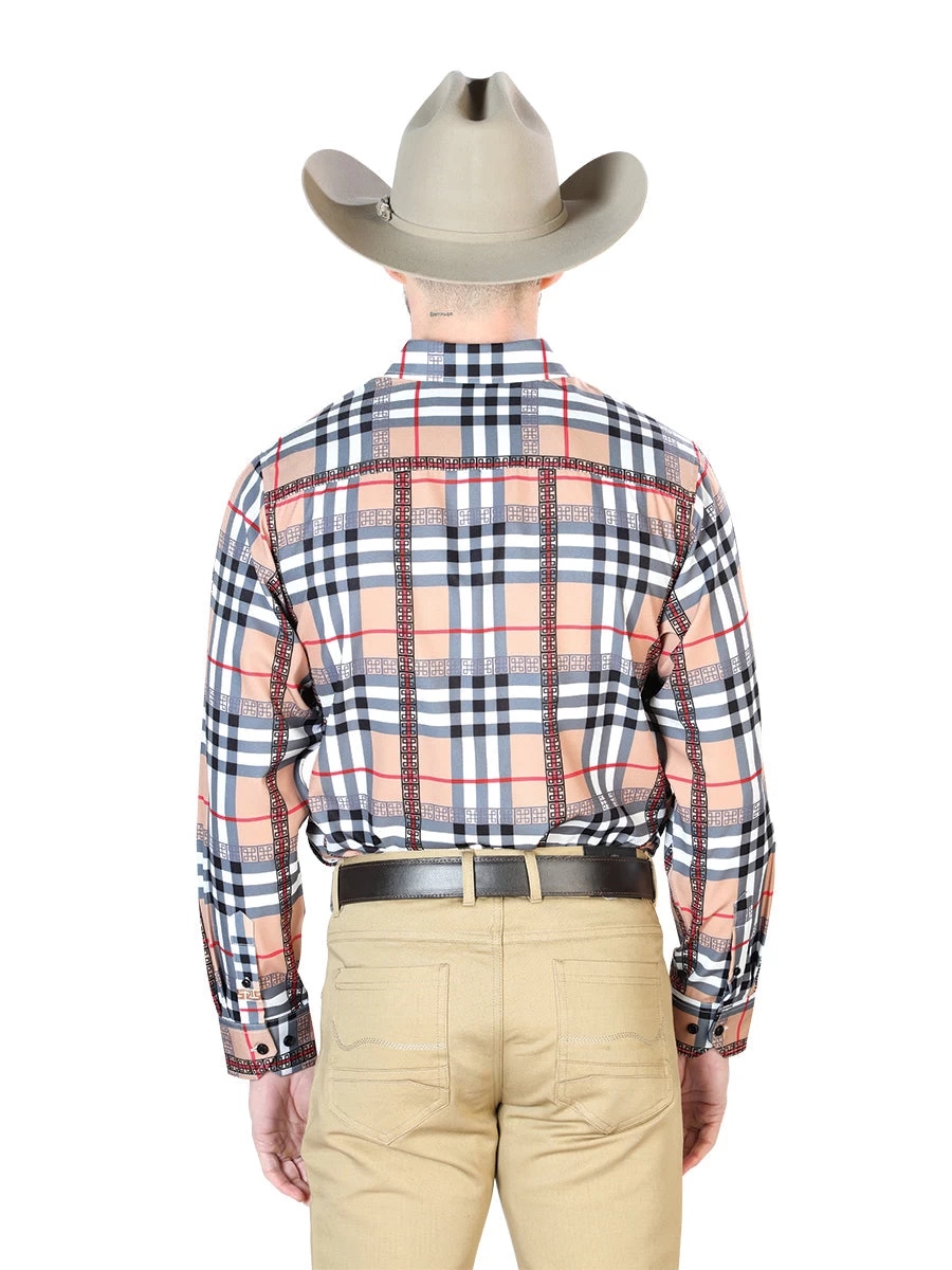 Camisa Vaquera Manga Larga Estampada Cuadros Cuadros Beige Para Hombre 'El Señor De Los Cielos' - ID: 43685 - Imagen 2