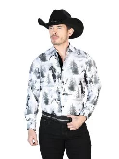 Camisa Vaquera Manga Larga Estampada Caballos Gris/Negro Para Hombre 'El Señor De Los Cielos' - ID: 43688