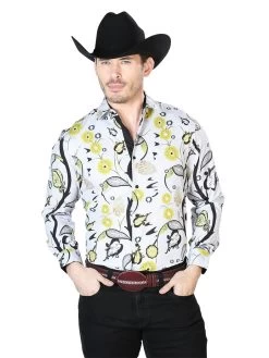 Camisa Vaquera Manga Larga Estampada Floral Gris/Amarillo Para Hombre 'El Señor De Los Cielos' - ID: 43697